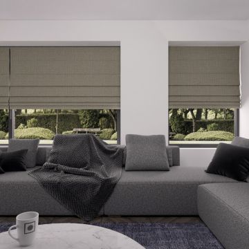 vouwgordijn op maat yarn stofdetail kiezelgrijs